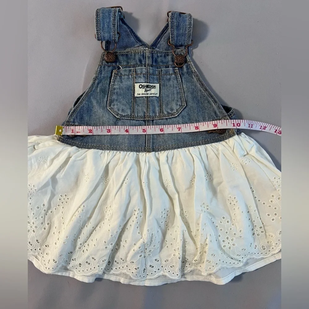 Vtg Osh Kosh Girl Bib Overalls Denim Dress Jumper White Eyelet Lace Sz 9-12 Mths
